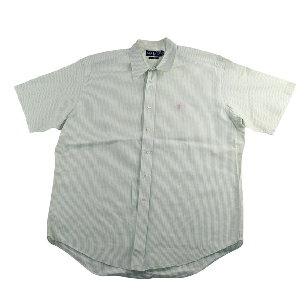 Ralph Lauren XL Classic Fit Short Slv Green Striped Button Down Shirt Pink Pony